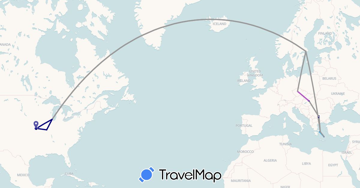 TravelMap itinerary: driving, plane, train, boat in Bulgaria, Czech Republic, Gibraltar, Greece, Hungary, Sweden, United States (Europe, North America)